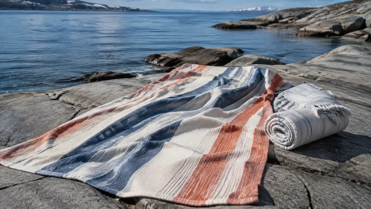 Stripet strandhåndkle på svaberg ved sjøen