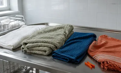 Fire håndkletyper på et vaskeribord