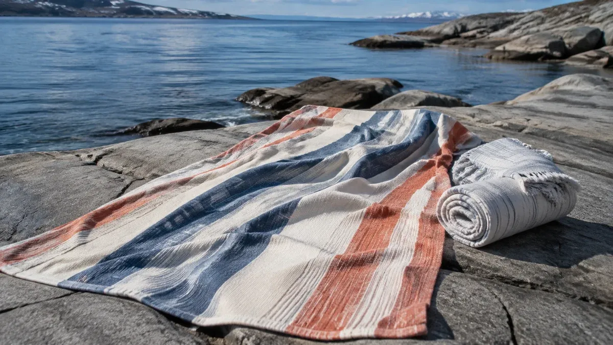 Stripet strandhåndkle på svaberg ved sjøen